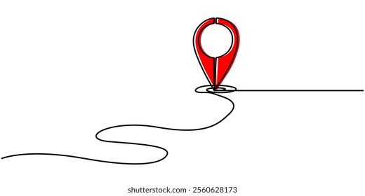 continuous one line google map point route directions and location outline vector art illustration, Single line is creating a location pin over a wavy road. Vector illustration, Continuous one line.