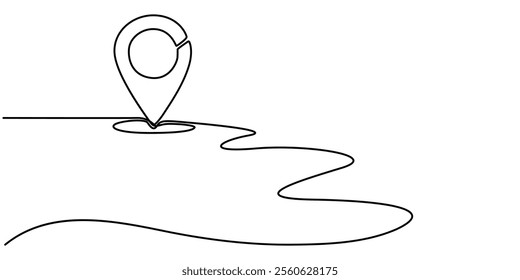 continuous one line google map point route directions and location outline vector art illustration, Single line is creating a location pin over a wavy road. Vector illustration, Continuous one line.