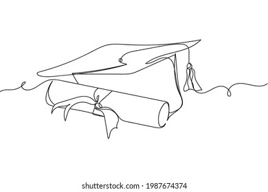 Continuous one line of graduate cap and diploma in silhouette. Linear stylized.Minimalist.