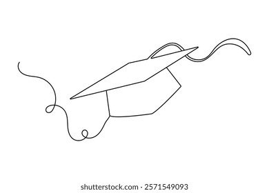 Continuous one line graduation cap drawing with black and white vector icon
