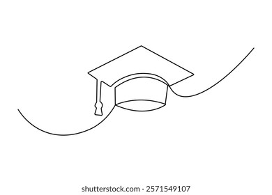 Continuous one line graduation cap drawing with black and white vector icon