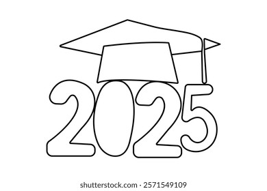 Continuous one line graduation cap drawing with black and white vector icon