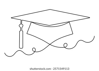 Continuous one line graduation cap drawing with black and white vector icon