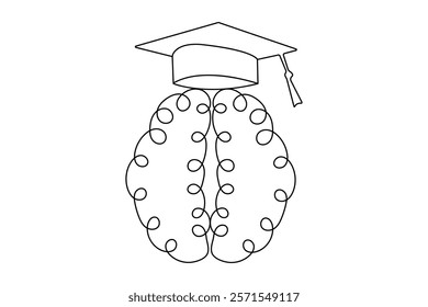 Continuous one line graduation cap drawing with black and white vector icon