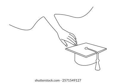 Continuous one line graduation cap drawing with black and white vector icon