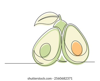 Continuous one line green avocado with leaf isolated on white background. Simple silhouette of fruit. Hand drawn avocado outline. Vector illustration