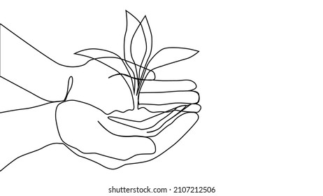 Continuous one line growing sprout in the hands of woman, Eco concept
