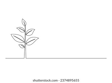 Continuous one line growing sprout plant leaves. Isolated on white background vector illustration. Premium vector.