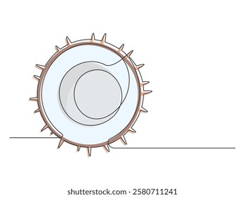 Continuous one line half brown coconut isolated on white background. Simple vegetable silhouette. Hand drawn coconut outline. Editable stroke. Vector illustration