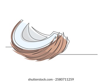 Continuous one line half brown coconut isolated on white background. Simple vegetable silhouette. Hand drawn coconut outline. Editable stroke. Vector illustration