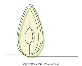 Continuous one line half of green avocado isolated on white background. Simple silhouette of fruit. Hand drawn outline of avocado. Vector illustration