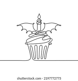 Continuous one line Halloween cake with candle and bat wings. Linear silhouette of scary party food, doodle dessert, birthday cupcake with dragon or vampire wings, vector hand drawn black illustration