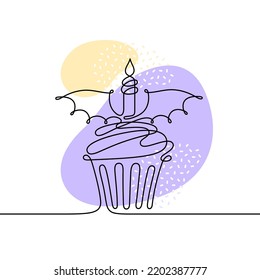 Continuous one line Halloween cake with candle and bat wings. Linear silhouette of scary party food, doodle dessert, birthday cupcake with dragon or vampire wings, vector hand drawn illustration