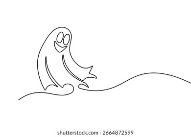 Continuous one line halloween ghost drawing in minimalist outline style isolated vector design