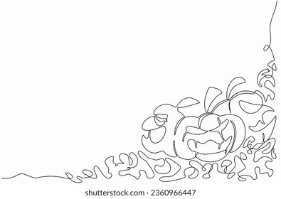 A continuous one line Halloween pumpkins  Cartoon doodle hand drawn isolated white background  Vector Illustration design  Halloween seasonal background   frame and copy space 