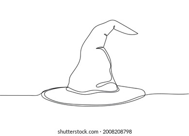 Continuous one line of halloween witch hat in silhouette on a white background. Linear stylized.Minimalist.