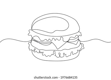 Continuous one line of hamburger in silhouette. Linear stylized. Minimalist.