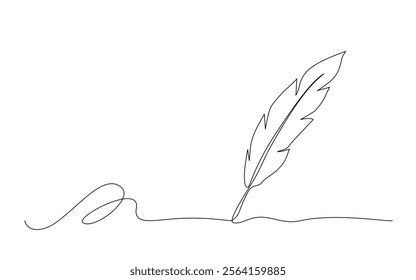 Continuous one line han drawn of Elegant feather pen, isolated on white background, vector illustration, Editable stroke