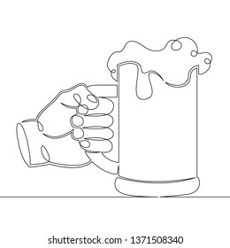 Continuous one line hand drawing hand holding a glass mug with beer foam