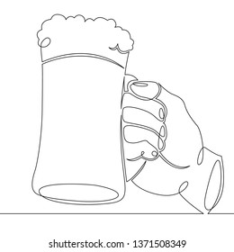 Continuous one line hand drawing hand holding a glass mug with beer foam