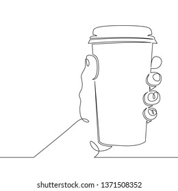 Continuous one line hand drawing hand holding a glass paper cup mug with hot coffee