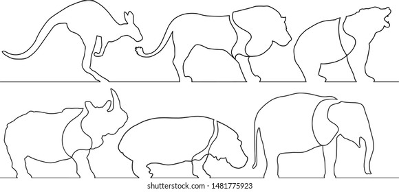 Continuous one line hand drawing vector animals on white background