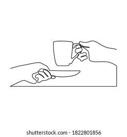 Continuous one line hand drawing hand with a cup of tea coffee