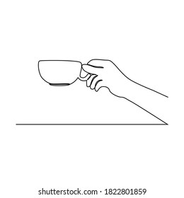 Continuous one line hand drawing hand with a cup of tea coffee