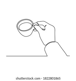 Continuous one line hand drawing hand with a cup of tea coffee