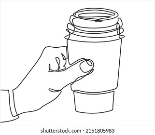 Continuous one line hand drawing hand holding a glass paper cup mug with hot coffee