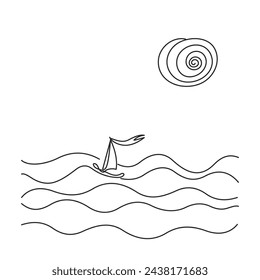 Continuous one line hand drawing. Sea landscape art. Boat in wave. Sun in the clouds sky. Adjustable black stroke Transparent background. Single outline doodle minimalistic design Vector illustration