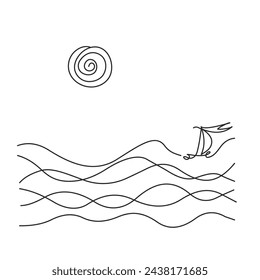 Continuous one line hand drawing. Sea landscape art. Boat in wave. Sun in the clouds sky. Adjustable black stroke Transparent background. Single outline doodle minimalistic design Vector illustration