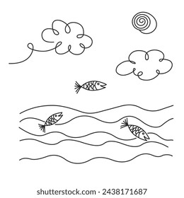 Continuous one line hand drawing. Sea landscape art. Boat in wave. Sun in the clouds sky. Adjustable black stroke Transparent background. Single outline doodle minimalistic design Vector illustration