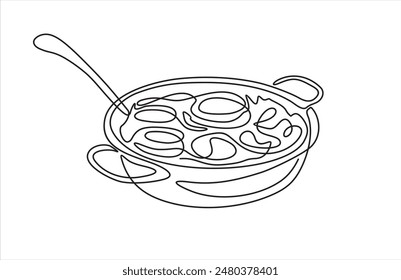 Continuous one line hand drawing of hot soup pot, ladle banner. Vector poster with simple line