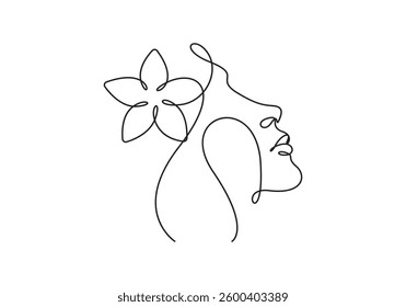 Continuous one line hand drawing of female face. Single line art woman face with floral. Vector illustration