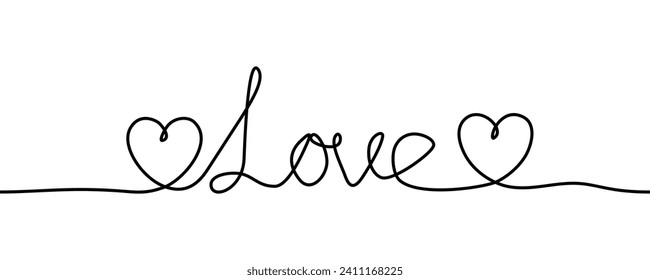 Continuous one line hand drawn with two heart and word Love. Vector Valentine Illustration.
