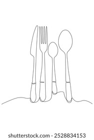 Uma mão contínua desenhada de talheres conjunto com um garfo, colher e faca isolado em um fundo branco, Perfeito para comida, jantar ou símbolo de restaurante, Ilustração Vetor