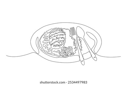 Continuous one line hand drawn of a dish of curry rice ( Kare rice) with spoon and fork isolated on white background, Vector Illustration
