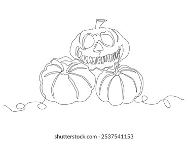 Continuous one line hand drawn of Halloween pumpkins with a pumpkin head isolated on white background,  Vector Illustration design, Halloween seasonal or Holiday concept