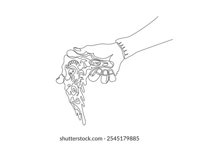 Continuous one line hand drawn of hand grabbing a piece of pizza isolated on white background, vector illustration design, party lifestyle concept, Editable stroke