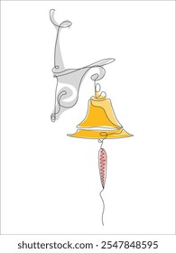 Continuous one line hand drawn of Golden bell, Traditional Ring bell in front of the house isolated on white background, vector illustration, colors filled, Editable stroke