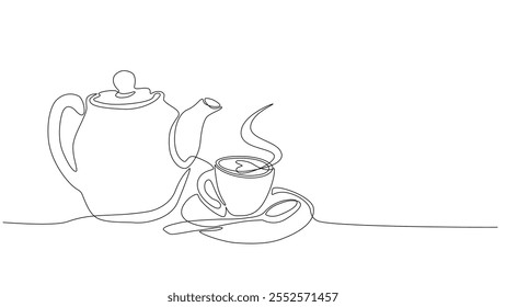 Kontinuierliche, einzeilige, handgezeichnete Teekanne mit Teetasse und Untertasse im traditionellen Keramikdesign, einzeln auf weißem Hintergrund, Vektorgrafik, bearbeitbarer Strich