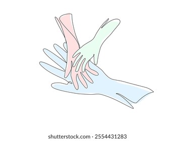 Continuous one line hand drawn of Father, Mother and child's hands holding each other isolated on white background, Colour in, Family love, trust, help and support concept, Vector Editable stroke