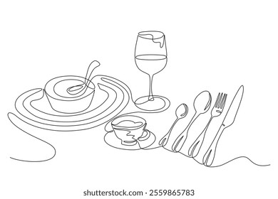 Continuous one line hand drawn of a set of food and drinks featuring Cutlery set, plate, fork, spoon, knife, soup bowl, tea cup, glass of wine isolated on white, vector illustration, Editable stroke