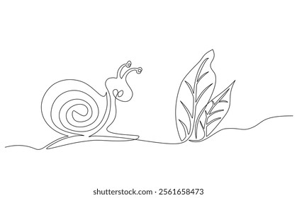 A continuous one line hand drawn vector illustration of a snail, featuring nature inspired elements, leaf patterns and simple silhouettes isolated on white background, editable stroke