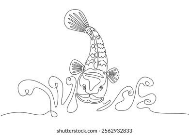 Continuous one line hand drawn of fish jumping in water isolated on white background, Aquatic animal, Snakehead fish, Channidae line art, vector illustration,  Editable stroke