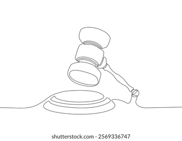 Continuous one line hand drawn of justice hammer isolated on white background, Gavel of a judge vector illustration line art, Editable stroke