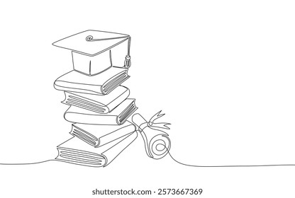 Continuous one line hand drawn of graduation hat and books with certificated roll, Vector illustration, Editable stroke