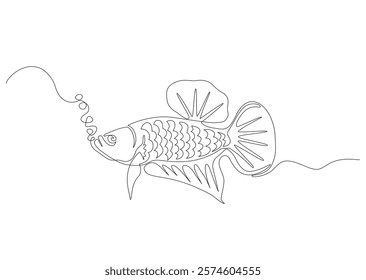 Continuous one line hand drawn of a Betta or fighting fish with bubbles isolted on white background, Vector illustrtion, Editable stroke