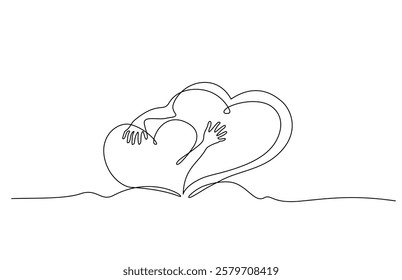 Continuous one line hand drawn of two hearts cuddling or comforting each other, symbolizing emotional connection, love, and care or Valentine's Day concept, Vector illustration, Editable stroke